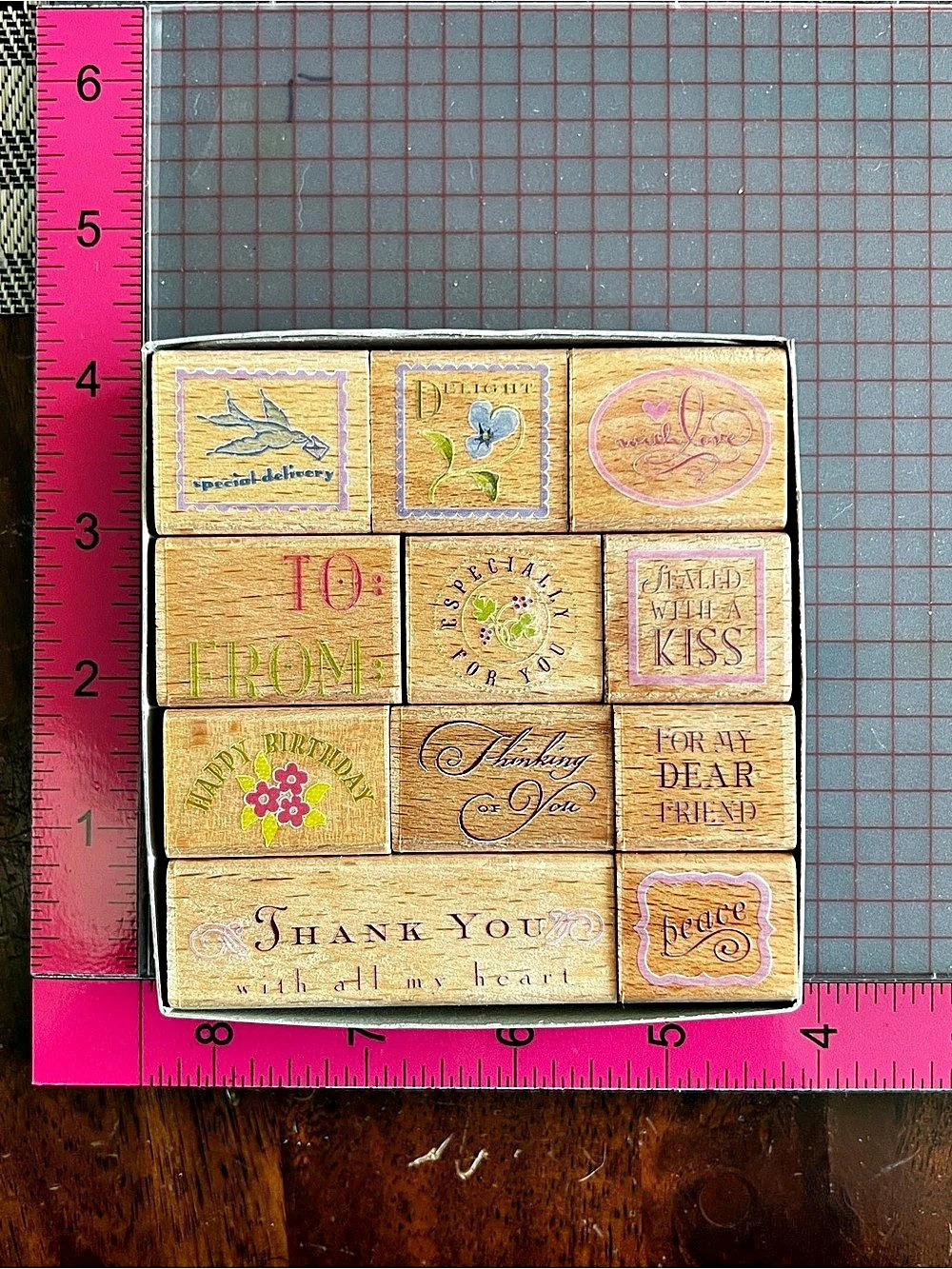 Plaid Wood-Mount Stamp Set Sentiments Brown & Pink
